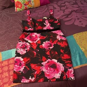 St. John Black and Pink Floral Mini Dress